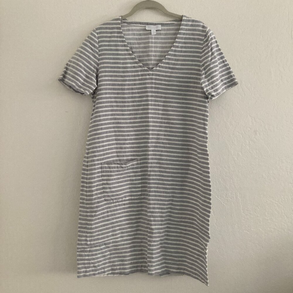 White Company 100% Linen Striped Shift Short Sleeve Dress V Neck 8 Lagenlook
